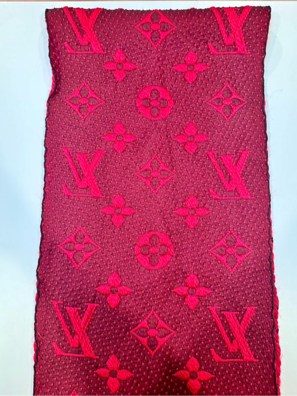 Louis Vuitton Logomania Reversible Rubis Red Wool And Silk Scarf - Picture 6 of 11